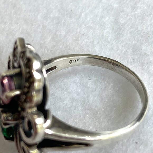 Sterling Silver 925 Multi Colored CZ Marcasite Floral Flower Cluster Ring Sz 8 - Picture 8 of 16